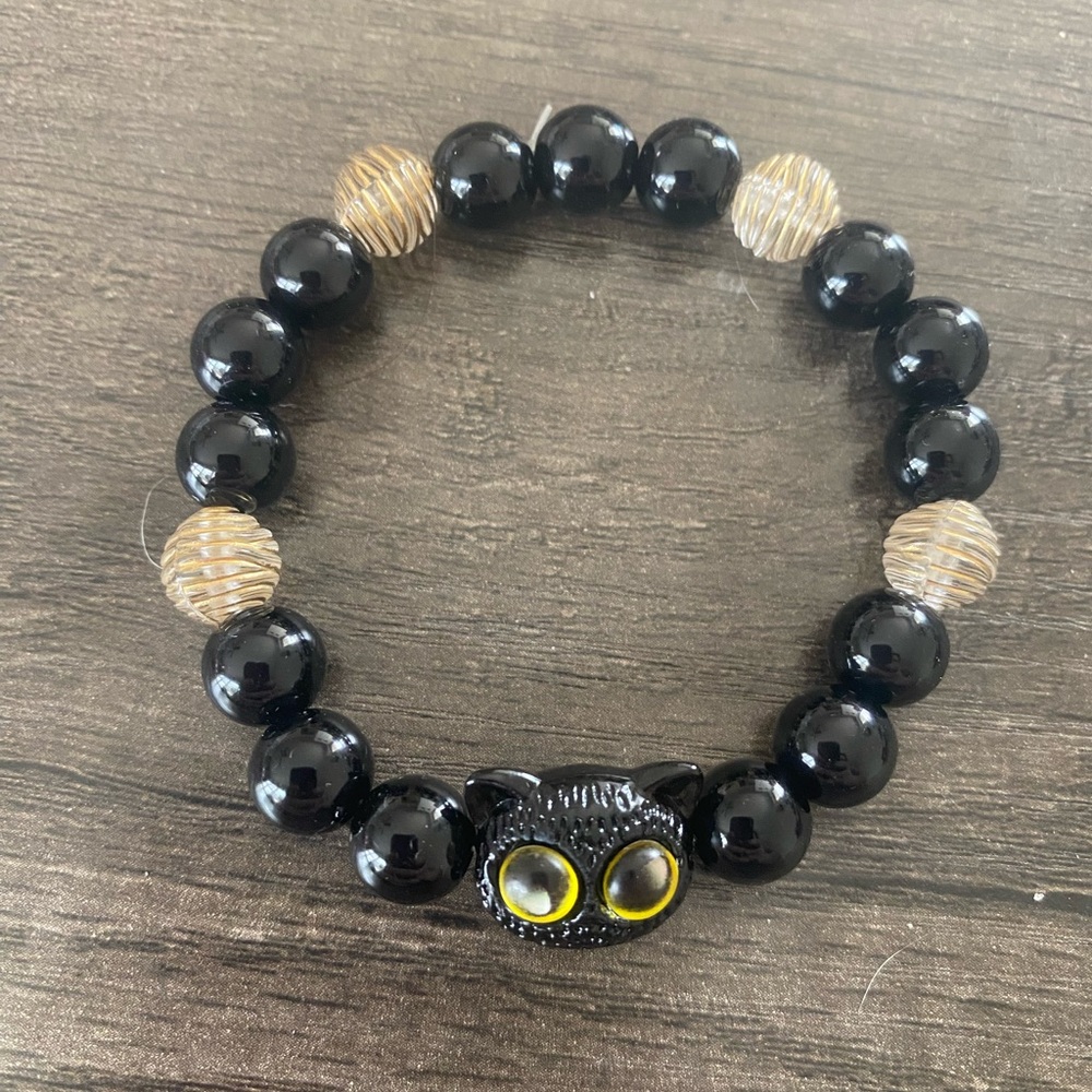 Black Beaded Cat Charm Bracelet with Gold Accents